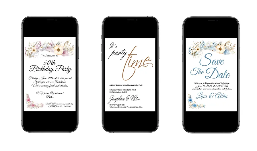 Mobiltelefon som visar olika skickade digitala kort och online-inbjudningar.