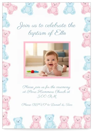 Digital Baptism invitation theme Card teddy bear