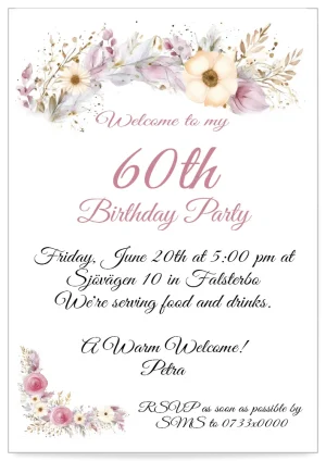 Digital Birthday party invitation Card Floral Celebration Pink