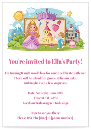 Digital Invitation card children's party theme prinsess