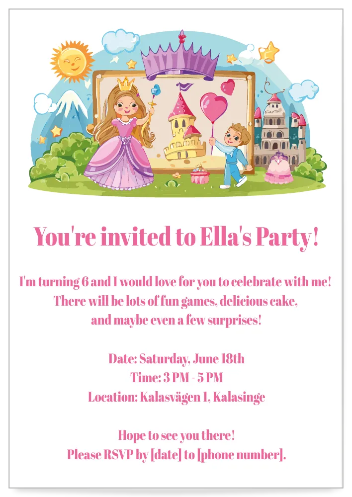 Digital Invitation card children's party theme prinsess