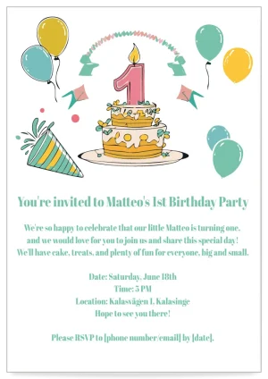 Digital Invitation card childrens party theme 1 year candle