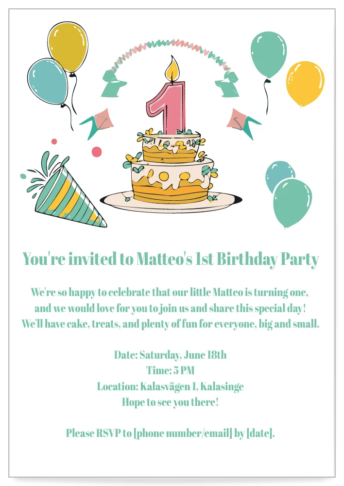 Digital Invitation card childrens party theme 1 year candle
