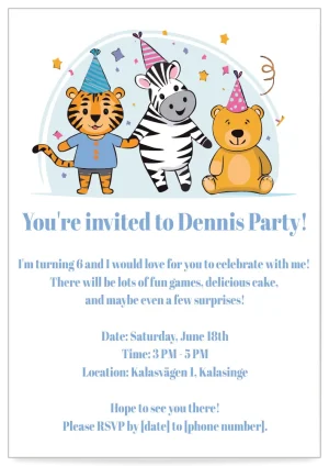 Digital Invitation card children's party theme zebra